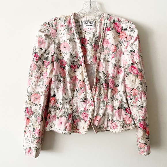 Vintage Jackets & Blazers - Vintage 80s Floral Pearl Trim Puff Sleeve Blazer  Size 8